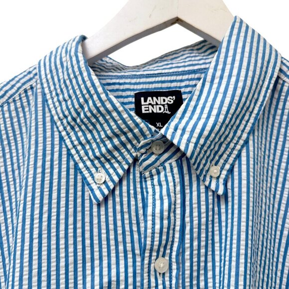 LANDS END Mens Seersucker Shirt XL Short Sleeve Cotton Blue Stripe Preppy Casual - Picture 4 of 9